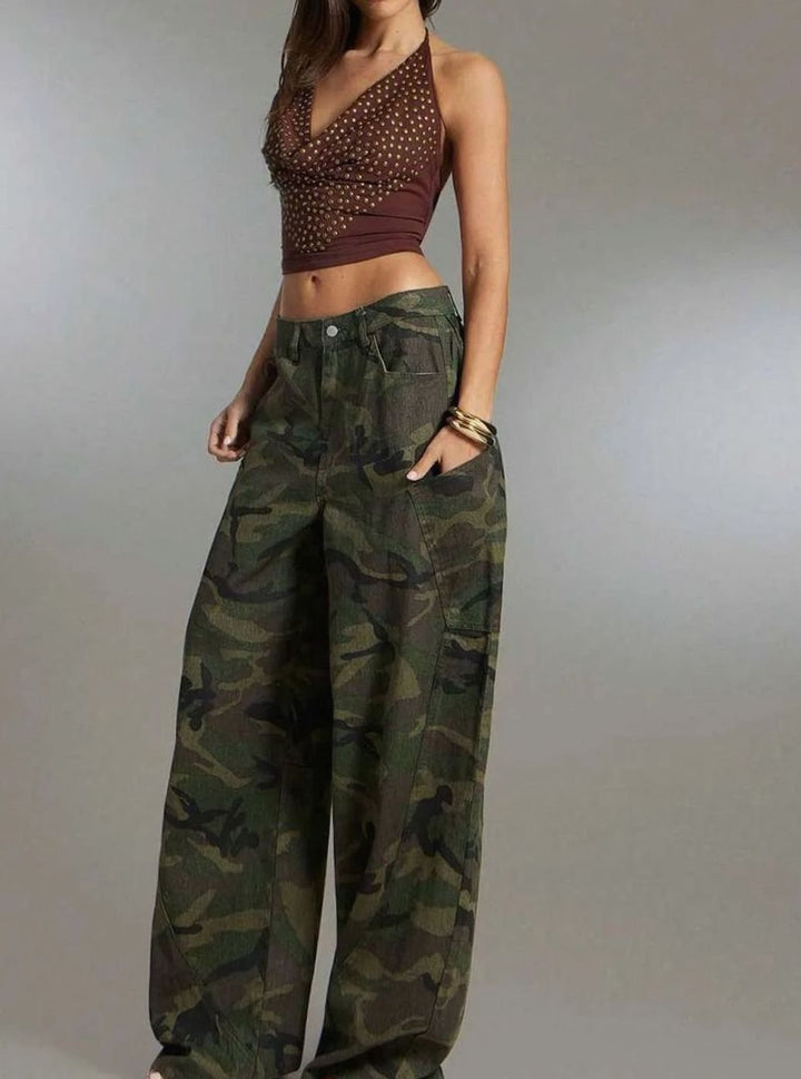 Dames Wide Leg Camo Cargo Pants Denim Camouflage Broek