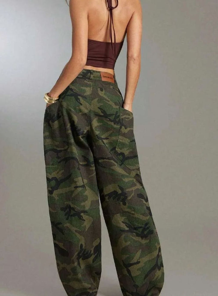 Dames Wide Leg Camo Cargo Pants Denim Camouflage Broek