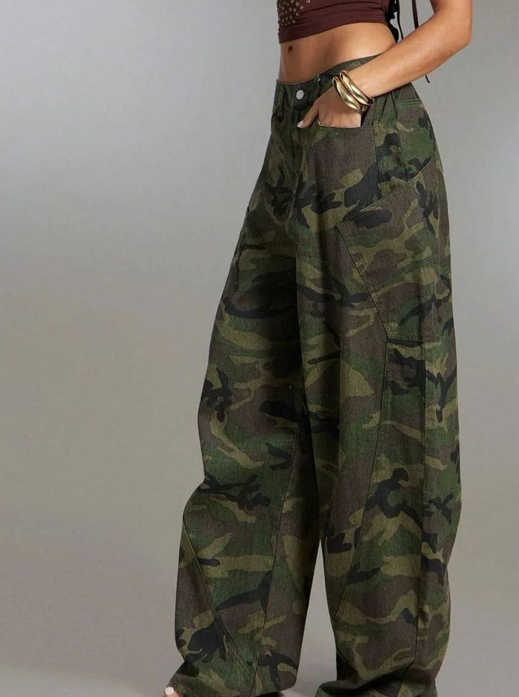 Dames Wide Leg Camo Cargo Pants Denim Camouflage Broek