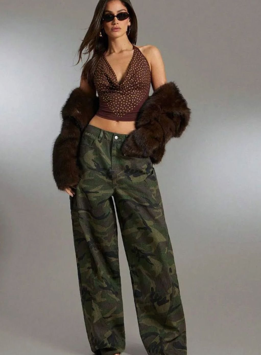 Dames Wide Leg Camo Cargo Pants Denim Camouflage Broek