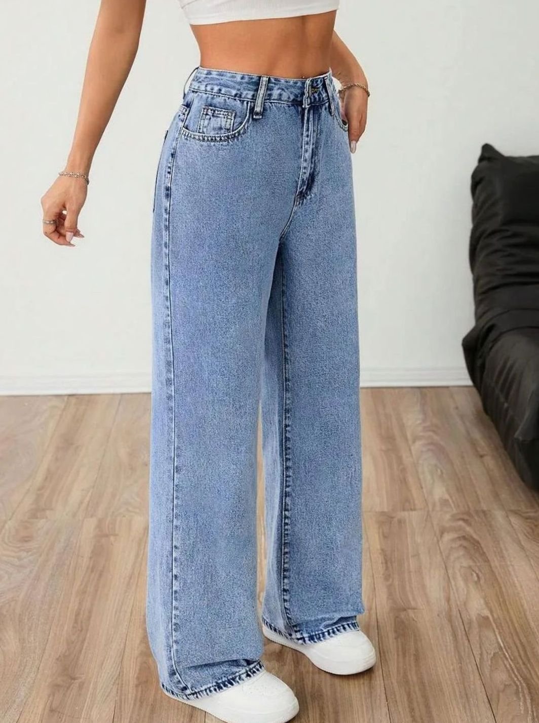 Dames Wide Leg Jeans Middelhoge Taille Lichtgewassen Denim - Lichtblauw