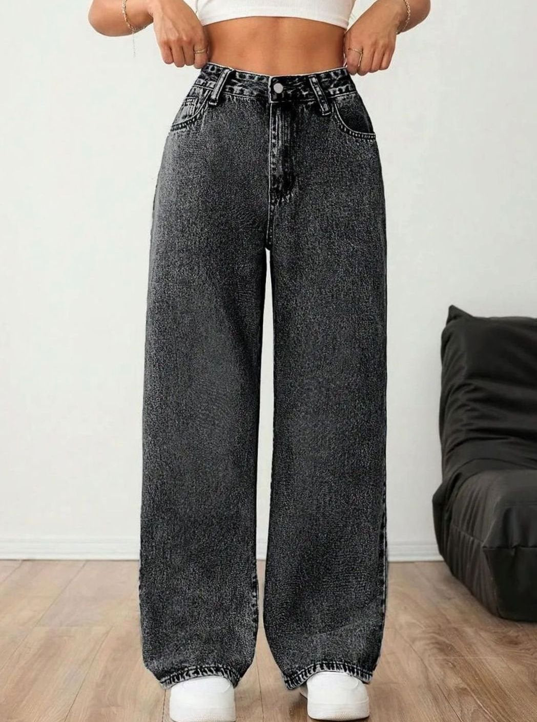 Dames Wide Leg Jeans Middelhoge Taille Lichtgewassen Denim - Donkergrijs