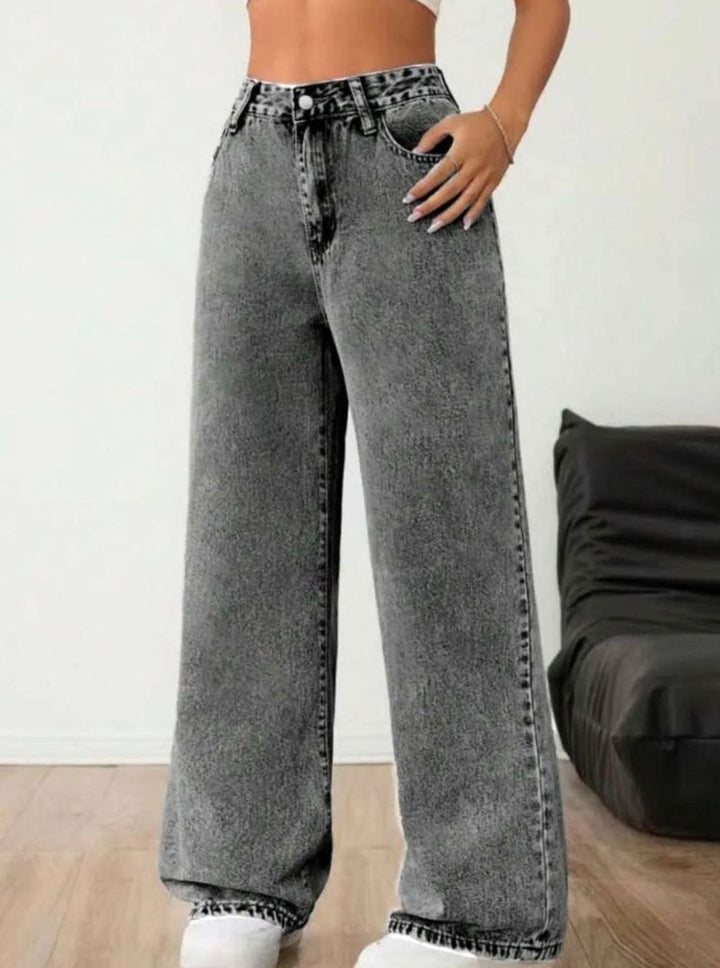 Dames Wide Leg Jeans Middelhoge Taille Lichtgewassen Denim - Grijs