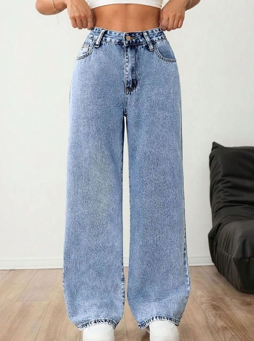Dames Wide Leg Jeans Middelhoge Taille Lichtgewassen Denim