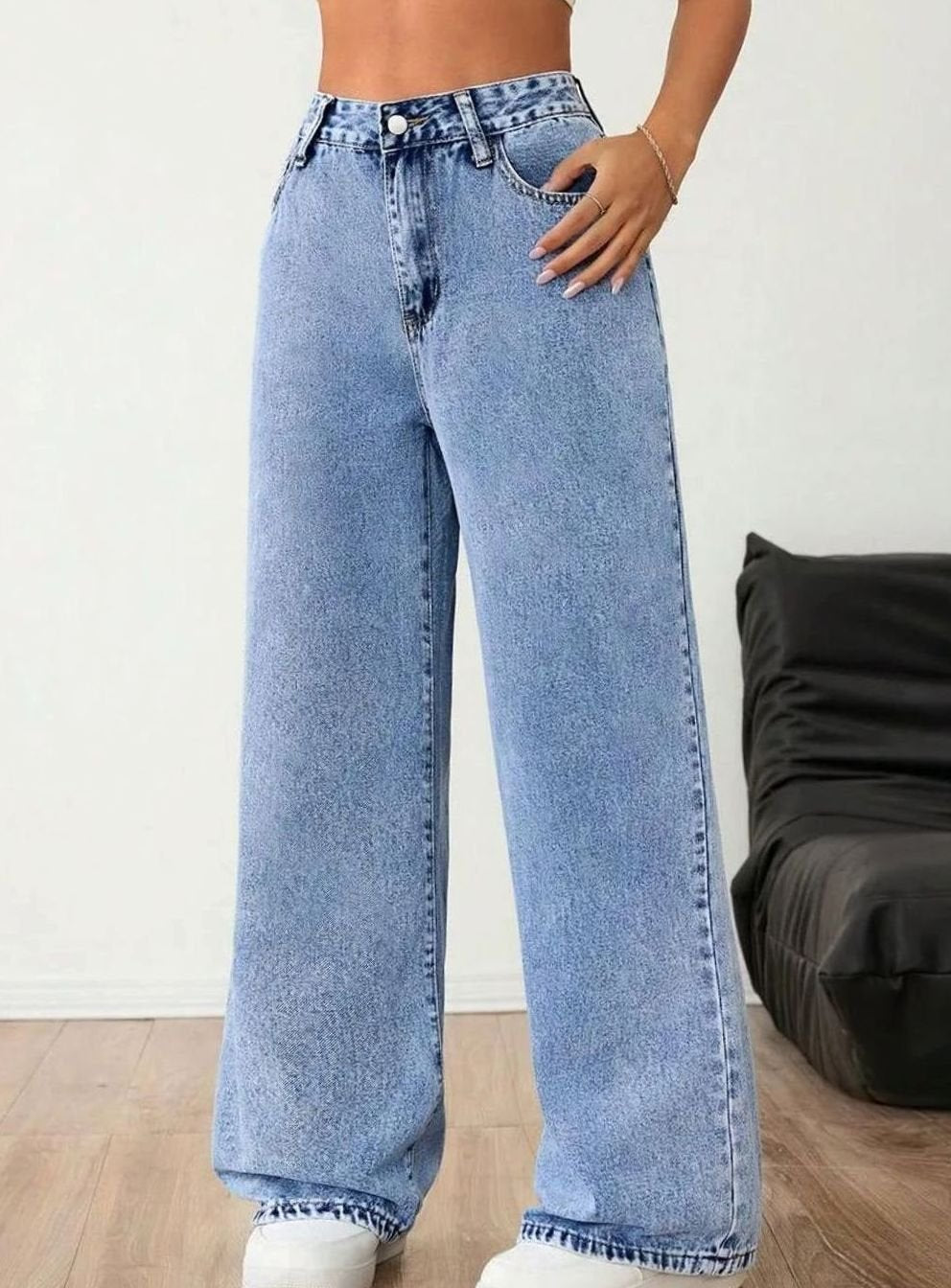 Dames Wide Leg Jeans Middelhoge Taille Lichtgewassen Denim