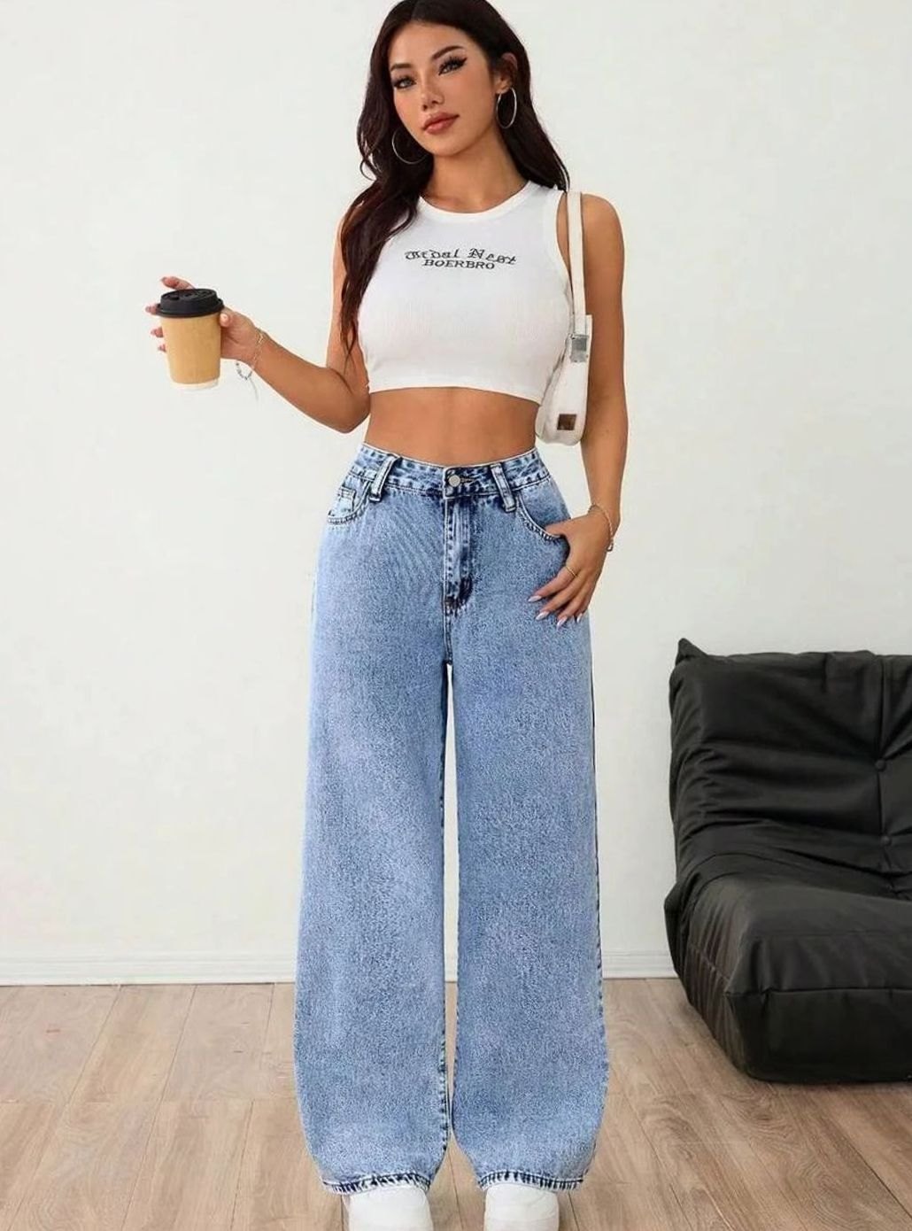 Dames Wide Leg Jeans Middelhoge Taille Lichtgewassen Denim