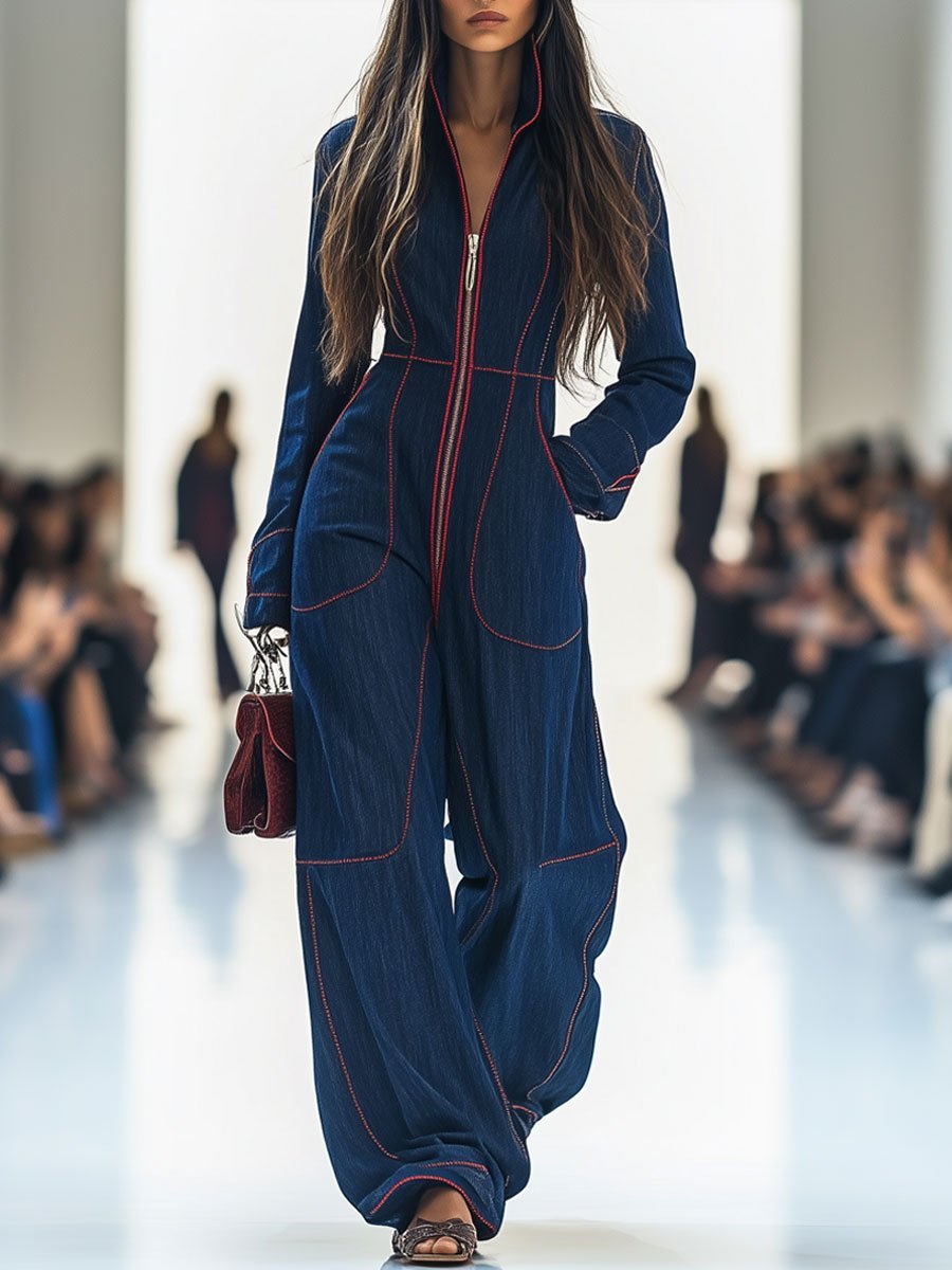 Dames Wide Leg Jumpsuit Lange Mouw Rits Denim - Dark Blue