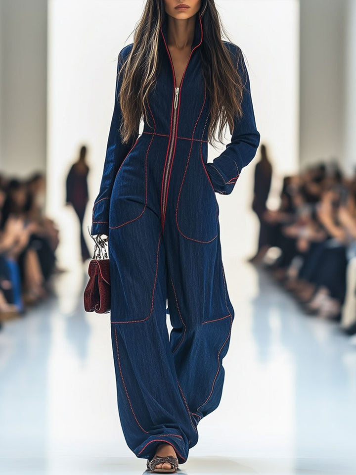 Dames Wide Leg Jumpsuit Lange Mouw Rits Denim - Dark Blue