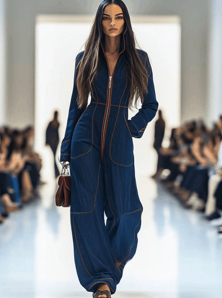 Dames Wide Leg Jumpsuit Lange Mouw Rits Denim