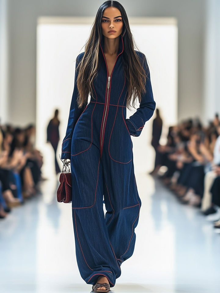 Dames Wide Leg Jumpsuit Lange Mouw Rits Denim