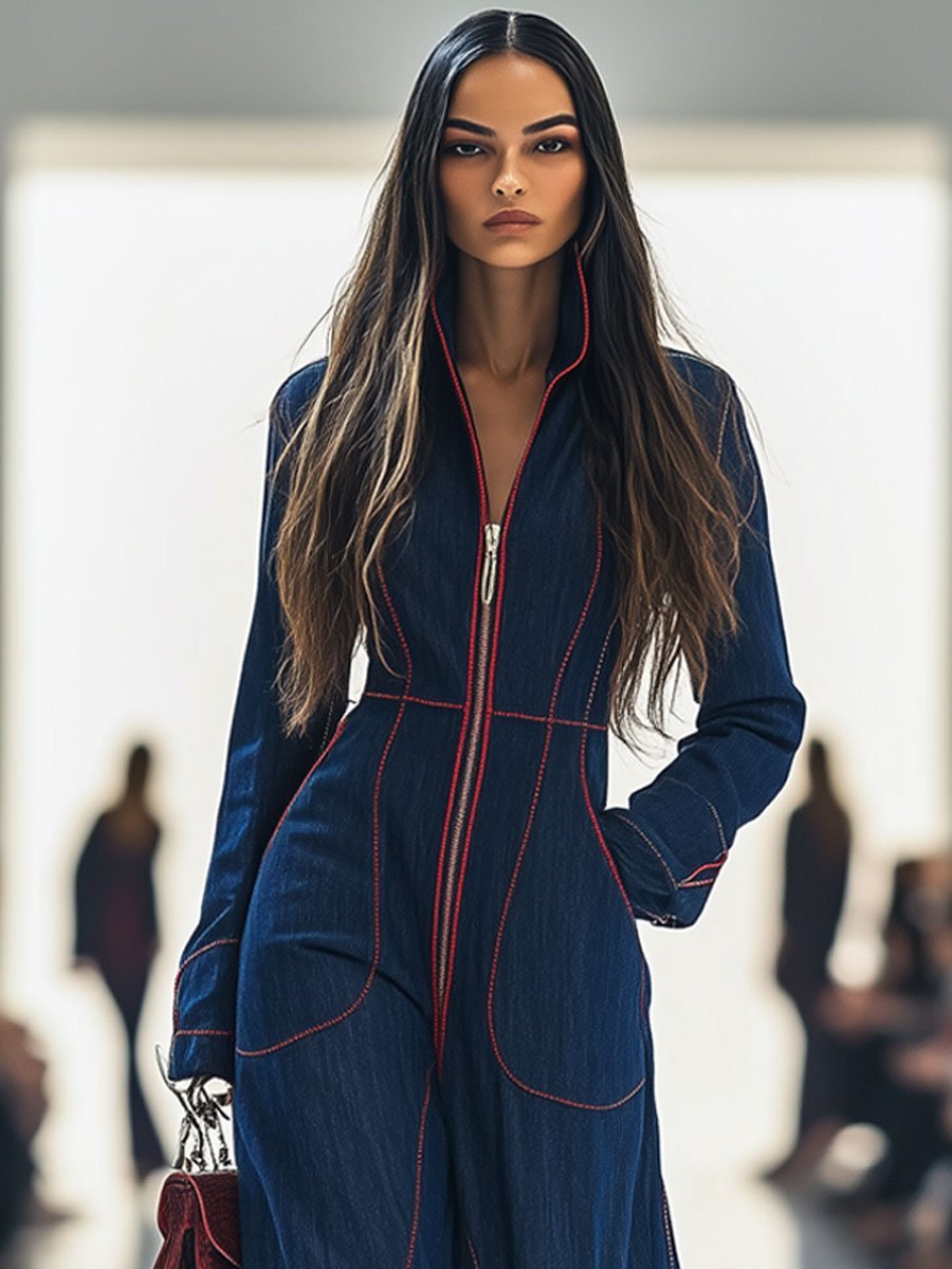 Dames Wide Leg Jumpsuit Lange Mouw Rits Denim