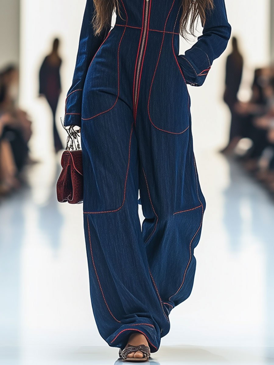 Dames Wide Leg Jumpsuit Lange Mouw Rits Denim