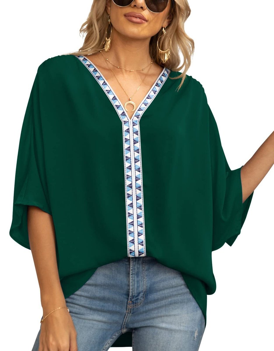 Dames Wijd V-hals Geometrisch Geborduurde Tunic - Dunkelgrün