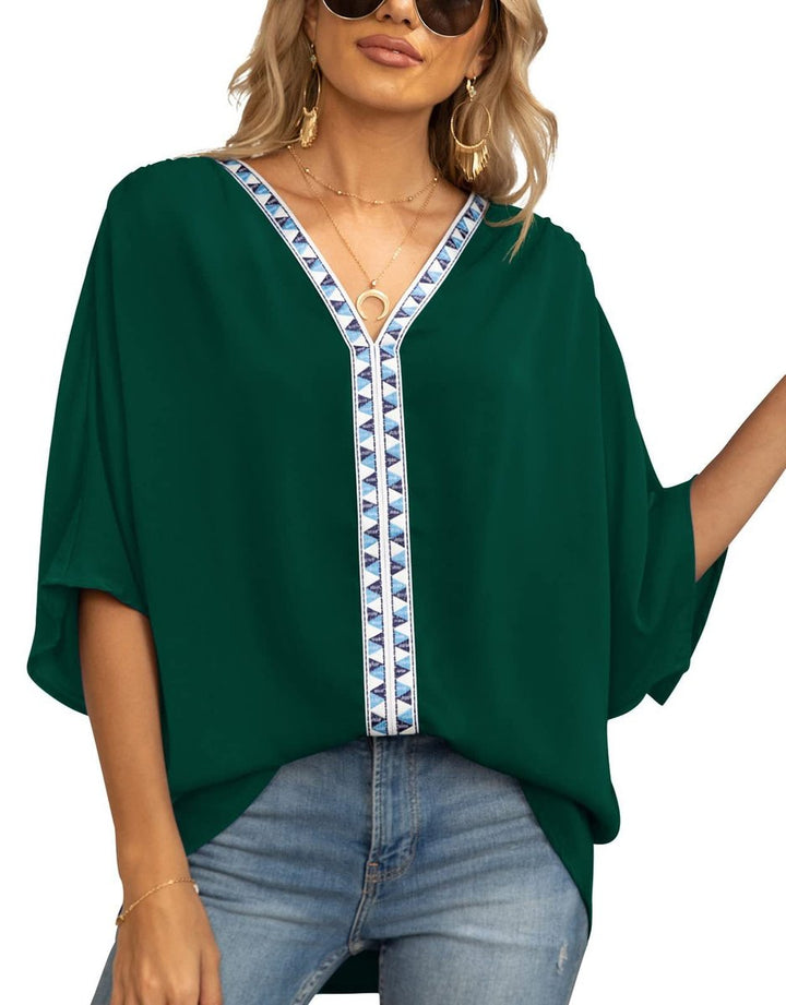 Dames Wijd V-hals Geometrisch Geborduurde Tunic - Dunkelgrün