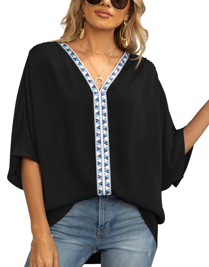 Dames Wijd V-hals Geometrisch Geborduurde Tunic - Schwarz