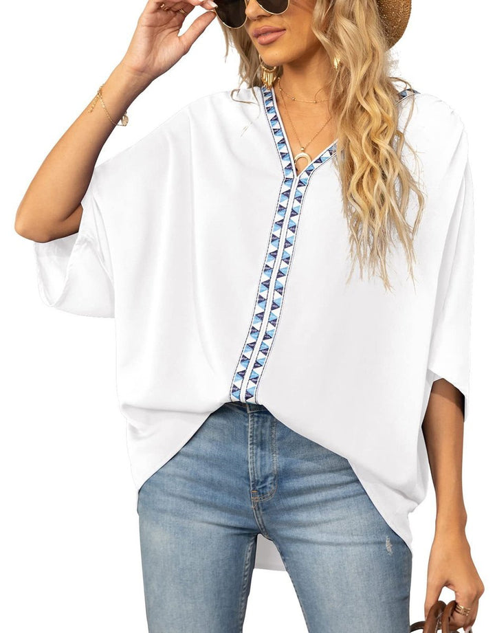 Dames Wijd V-hals Geometrisch Geborduurde Tunic - Weiß