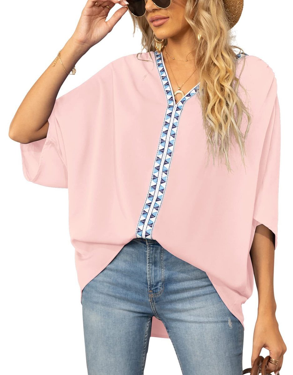 Dames Wijd V-hals Geometrisch Geborduurde Tunic - Pink