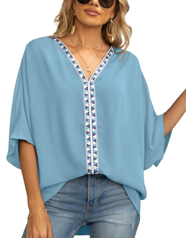 Dames Wijd V-hals Geometrisch Geborduurde Tunic - Dunkelblau