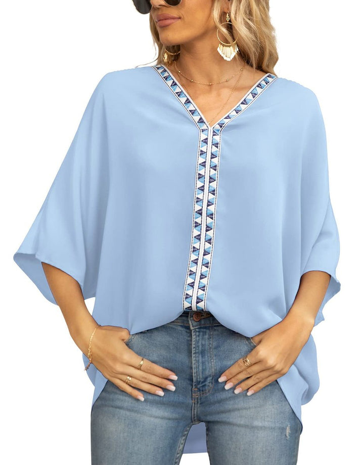 Dames Wijd V-hals Geometrisch Geborduurde Tunic - 浅蓝色
