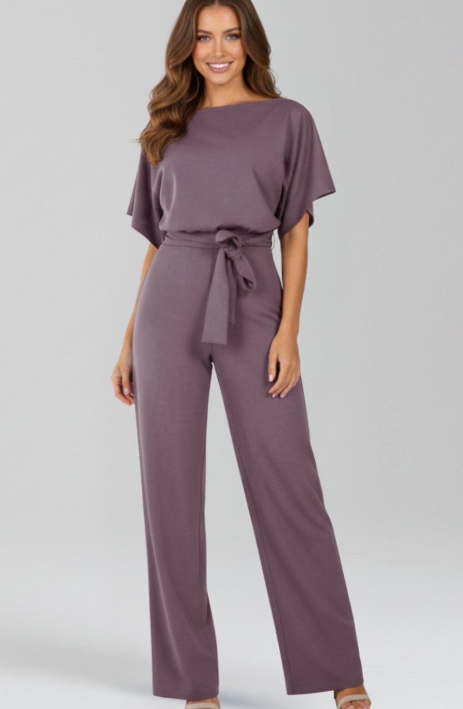 Dames Wijdbeense Jumpsuit met Strikceintuur en Korte Mouwen - Paars