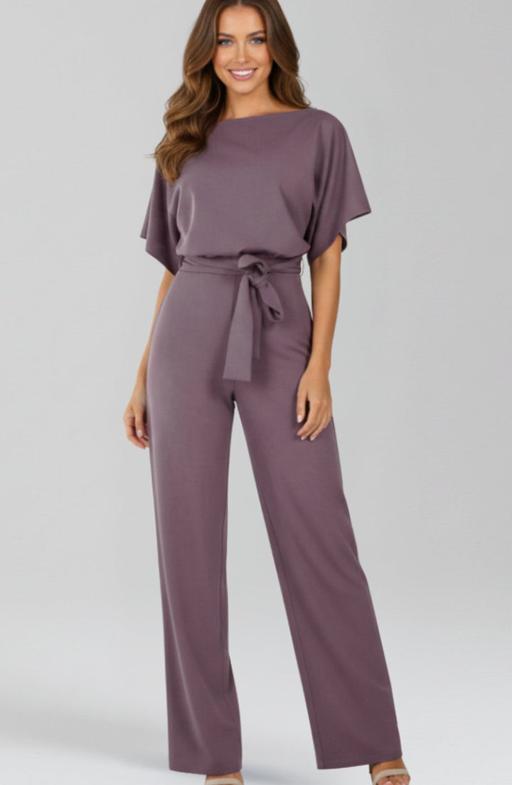 Dames Wijdbeense Jumpsuit met Strikceintuur en Korte Mouwen - Paars