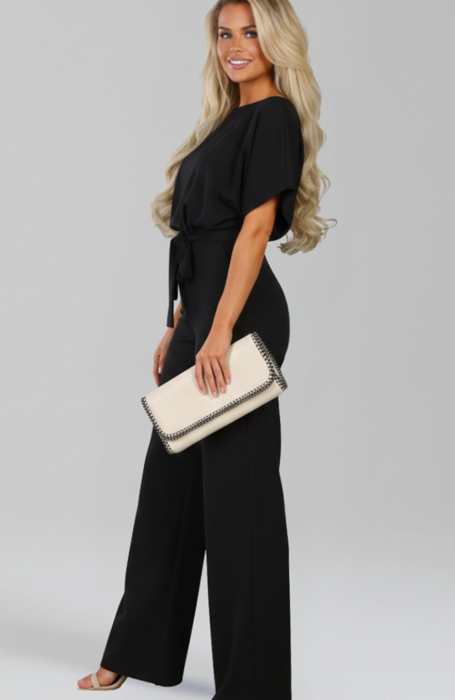 Dames Wijdbeense Jumpsuit met Strikceintuur en Korte Mouwen