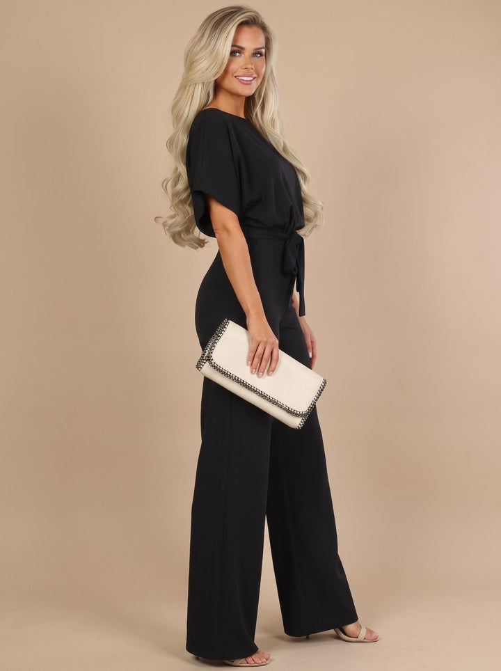 Dames Wijdbeense Jumpsuit met Strikceintuur en Korte Mouwen