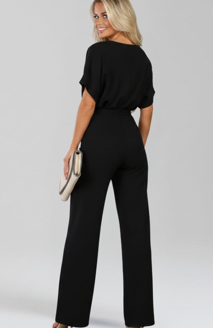 Dames Wijdbeense Jumpsuit met Strikceintuur en Korte Mouwen