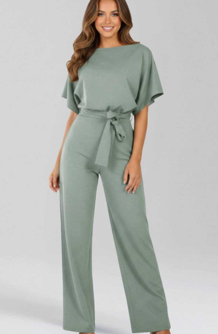 Dames Wijdbeense Jumpsuit met Strikceintuur en Korte Mouwen - Groen
