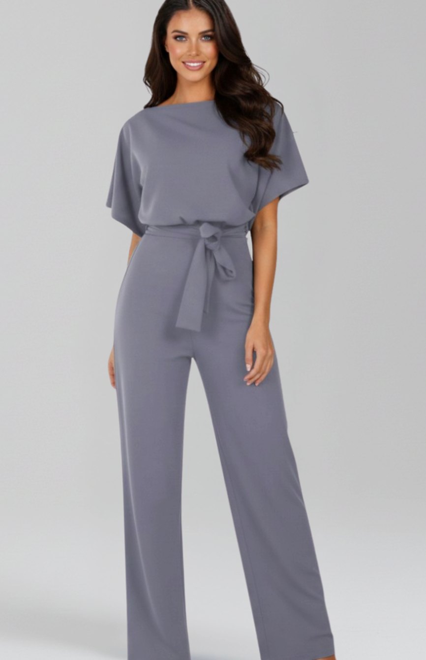 Dames Wijdbeense Jumpsuit met Strikceintuur en Korte Mouwen - Grijs