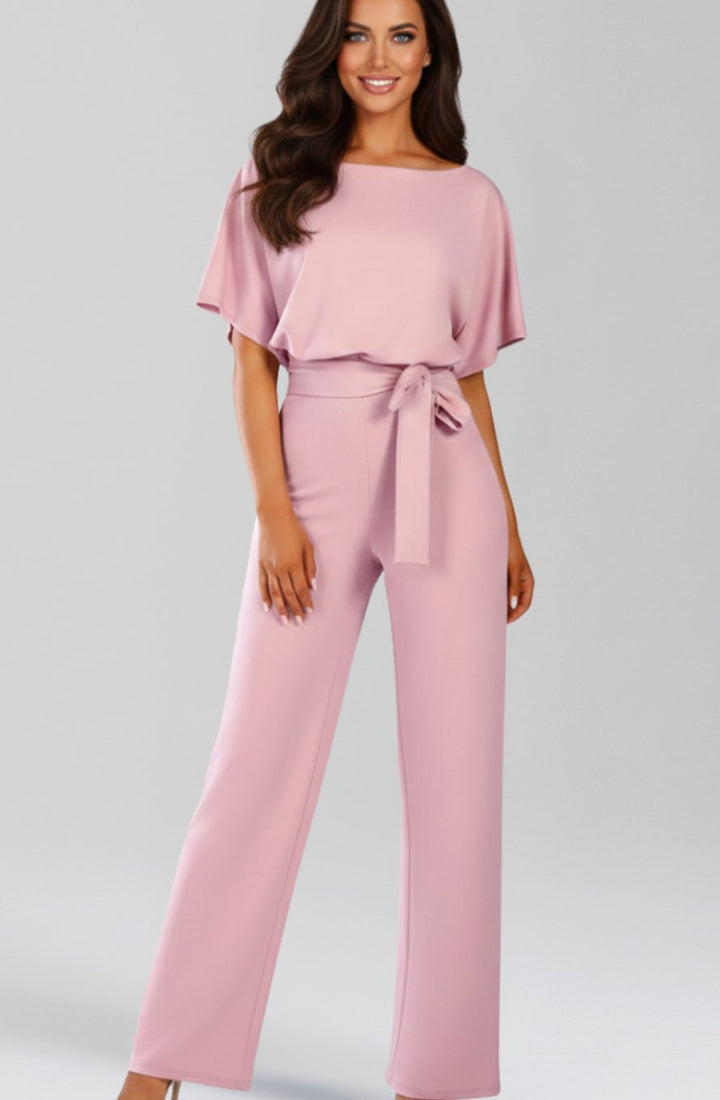 Dames Wijdbeense Jumpsuit met Strikceintuur en Korte Mouwen - Roze