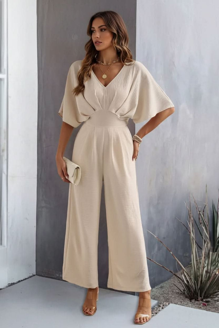 Dames Wijdbeense Jumpsuit V-hals Batwing Mouwen Hoge Taille