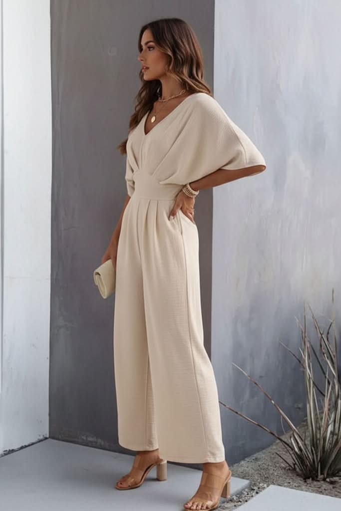 Dames Wijdbeense Jumpsuit V-hals Batwing Mouwen Hoge Taille