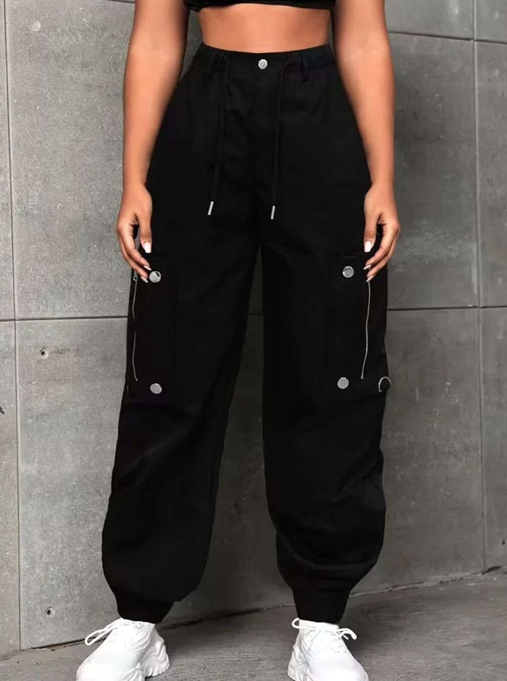 Dames Wijde Cargo Broek Hoge Taille Trekkoordsluiting Meerdere Zakken