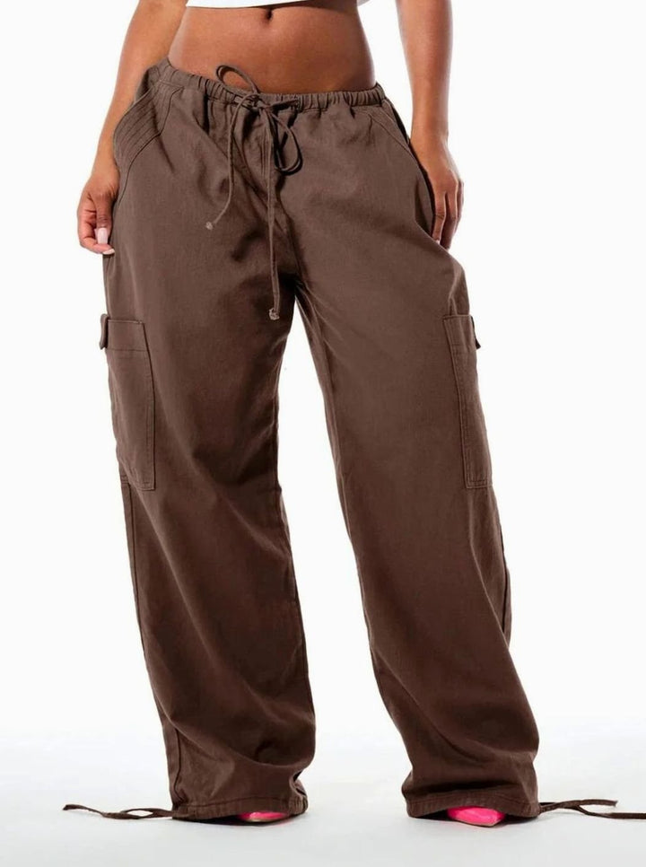 Dames Wijde Cargo Broek met Trekkoord Taille en Cargozakken - Bruin