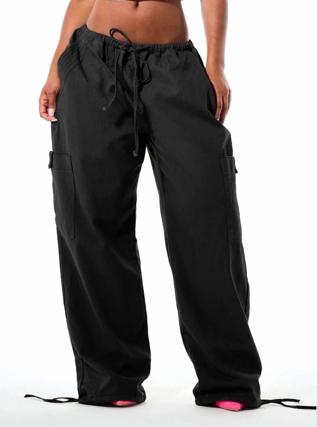 Dames Wijde Cargo Broek met Trekkoord Taille en Cargozakken - Zwart