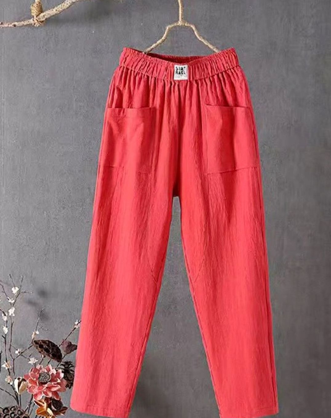 Dames Wijde Hoge Taille Broek met Zijzakken - Rood