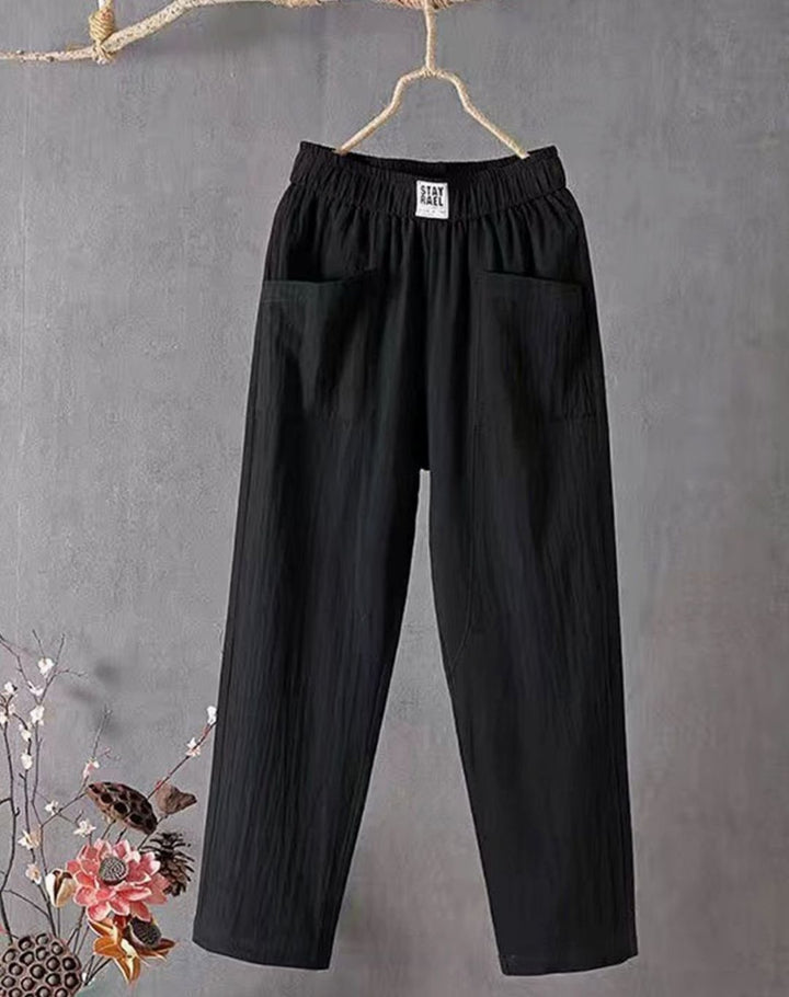 Dames Wijde Hoge Taille Broek met Zijzakken - Zwart