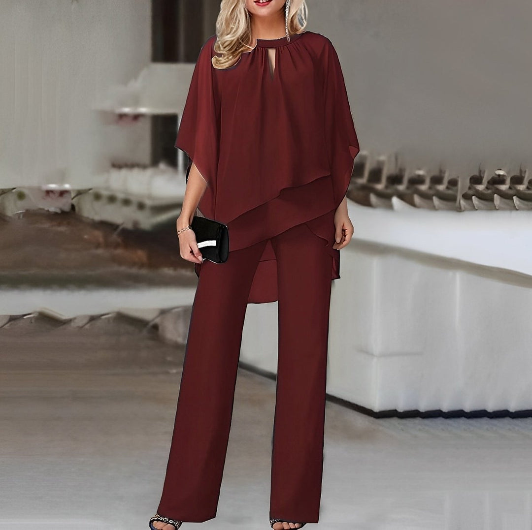 Dames Wijde Pijp Broek Gelaagde Chiffon Tweedelige Set - Wine Red
