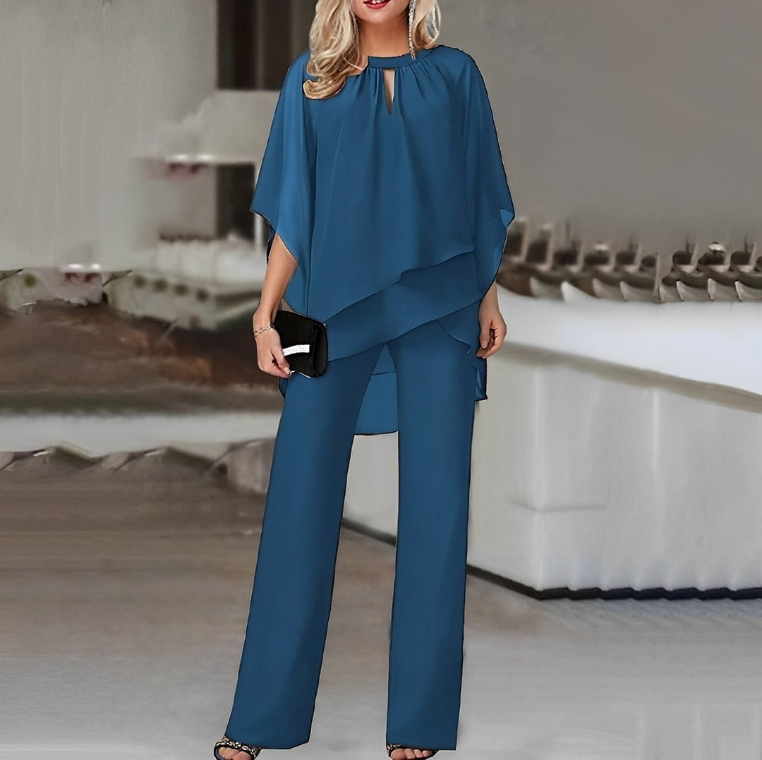Dames Wijde Pijp Broek Gelaagde Chiffon Tweedelige Set - Sapphire Blue
