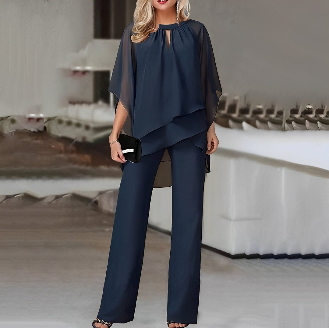Dames Wijde Pijp Broek Gelaagde Chiffon Tweedelige Set - Navy Blue