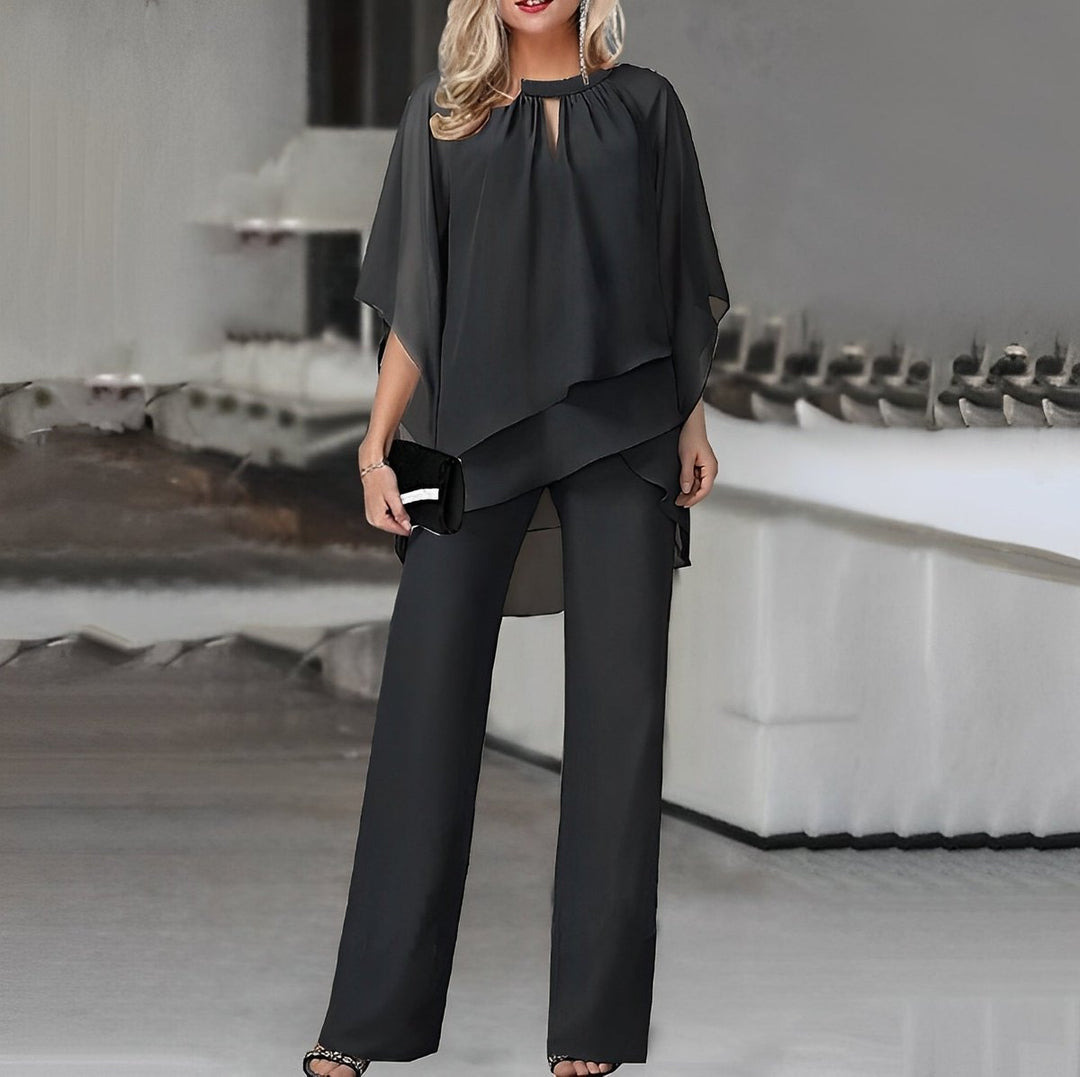 Dames Wijde Pijp Broek Gelaagde Chiffon Tweedelige Set - Black