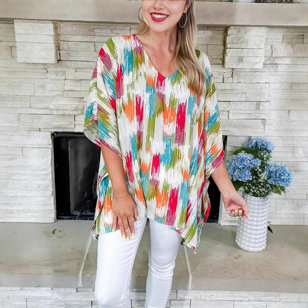 Dames Wijde V-hals Kleurrijke Tunic Zomerblouse