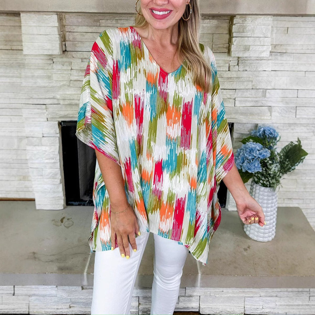 Dames Wijde V-hals Kleurrijke Tunic Zomerblouse