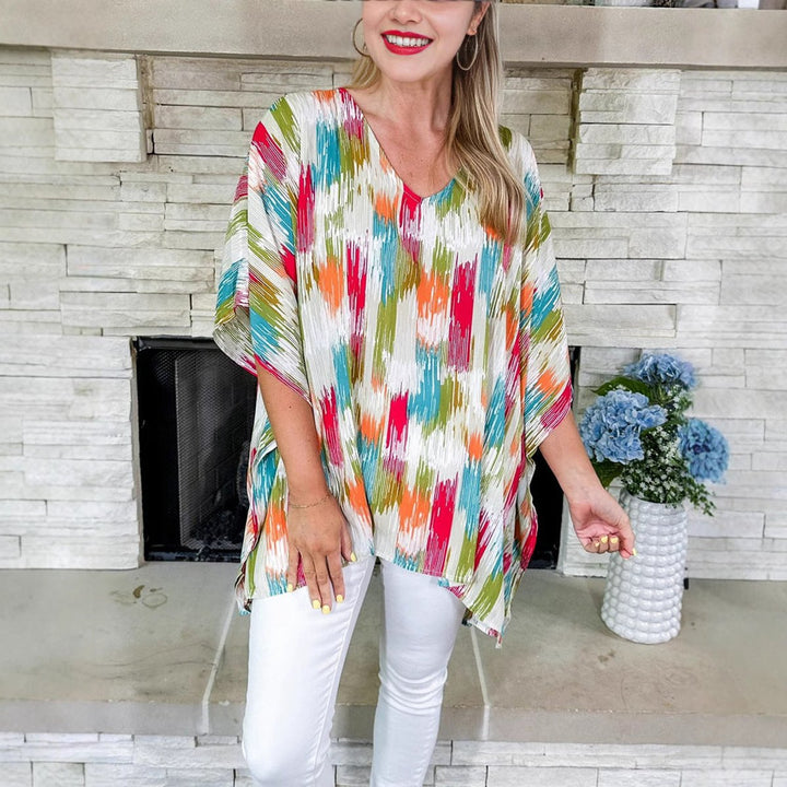 Dames Wijde V-hals Kleurrijke Tunic Zomerblouse