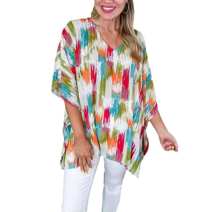 Dames Wijde V-hals Kleurrijke Tunic Zomerblouse