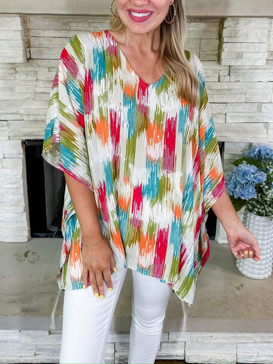 Dames Wijde V-hals Kleurrijke Tunic Zomerblouse - Bunt