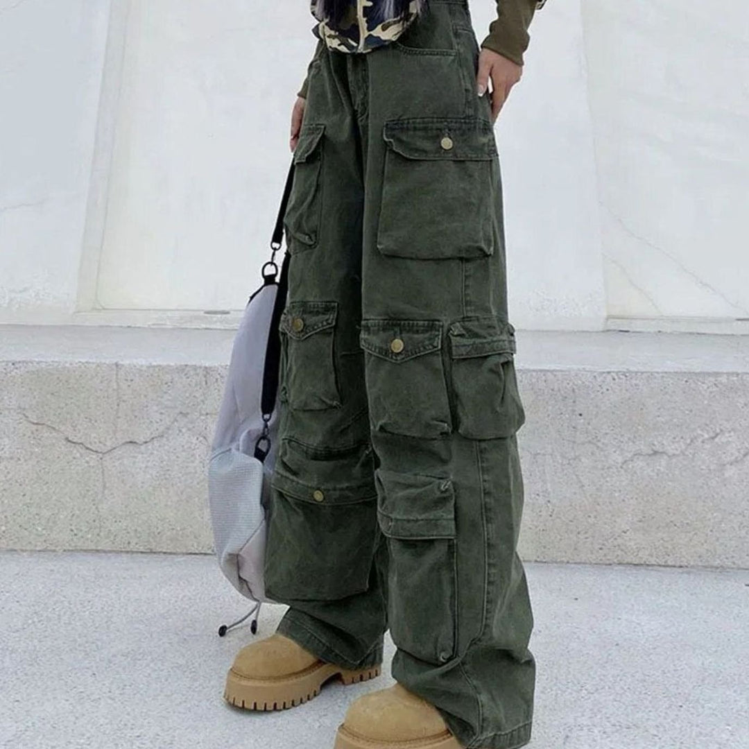 Dames Wijdvallende High-Waist Multi-Pocket Cargo Broek - Groen