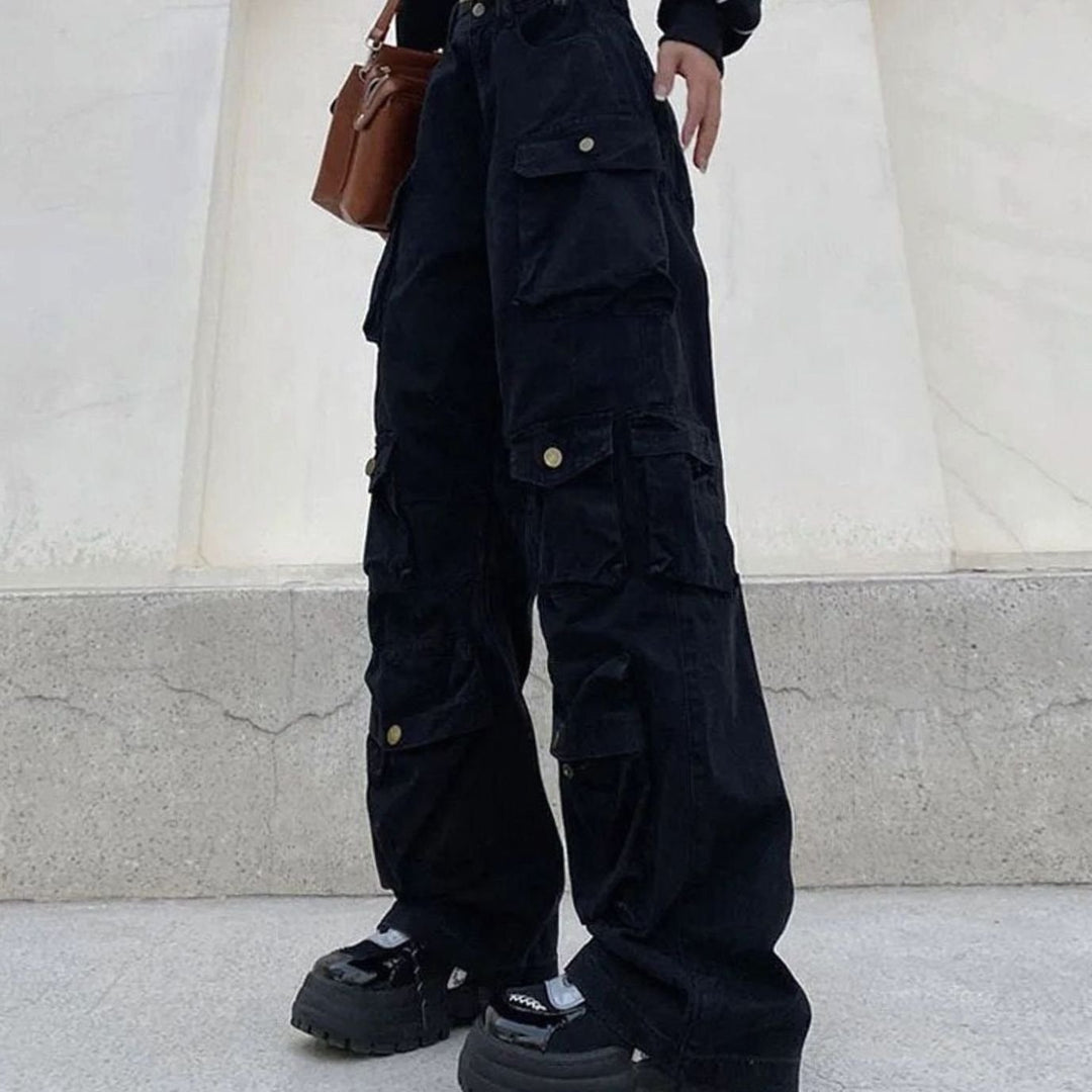 Dames Wijdvallende High-Waist Multi-Pocket Cargo Broek - Zwart