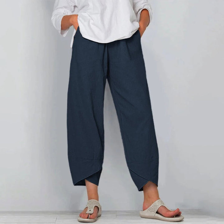 Dames Wijdvallende Linnen Broek Elastische Taille Asymmetrische Zoom - Marineblauw